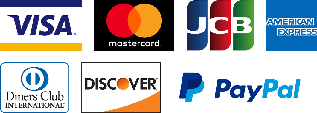 Visa, MasterCard, JCB, American Express, Diners Club, Discover,PayPal